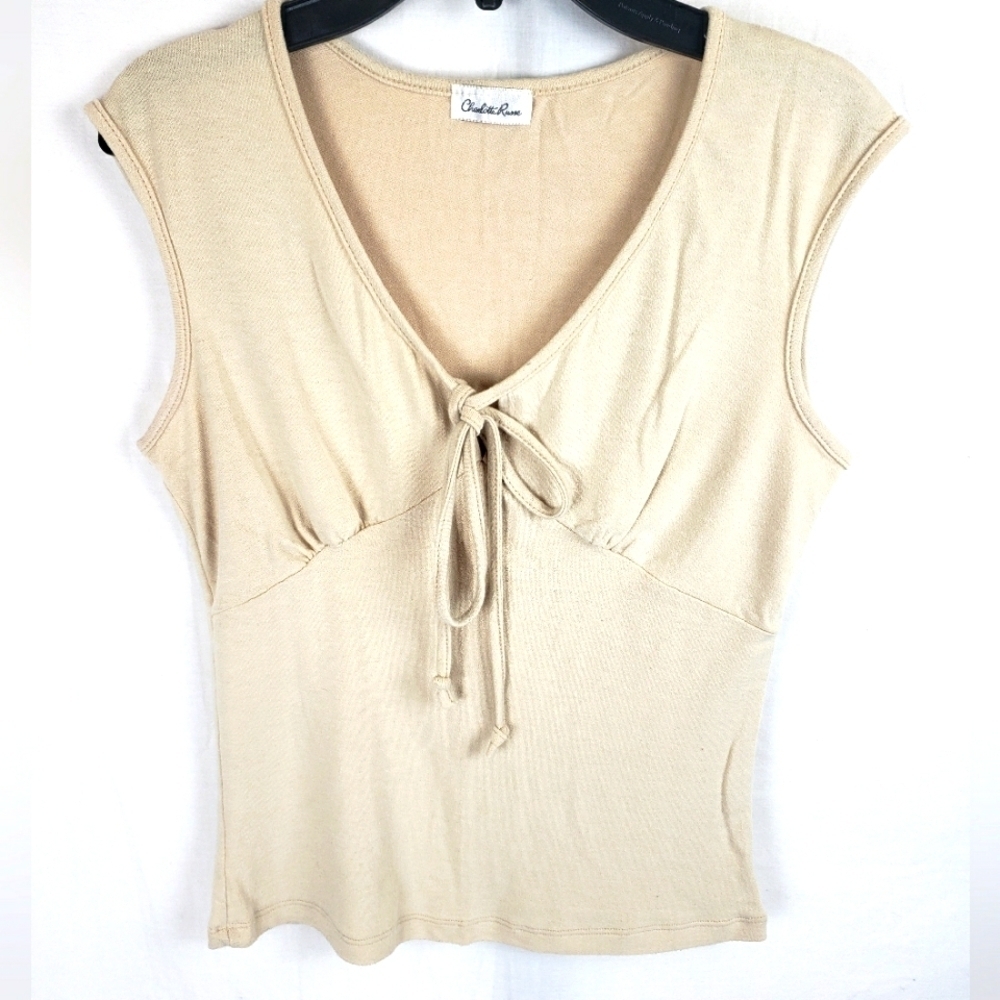 Charlotte Russe Beige Short Sleeve Shirt with a tie Babydoll Y2K Sz M